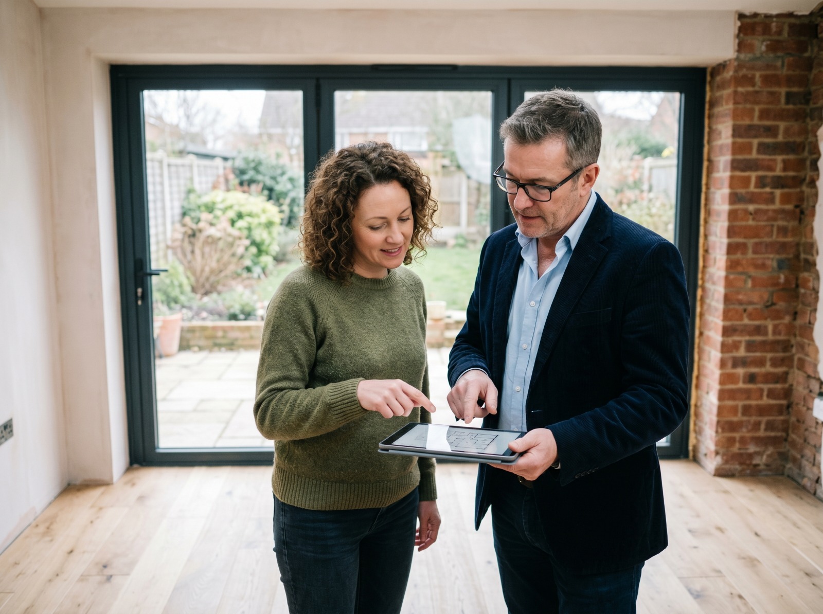 Homeowner reviewing renovation plans with an adviser inside a home extension